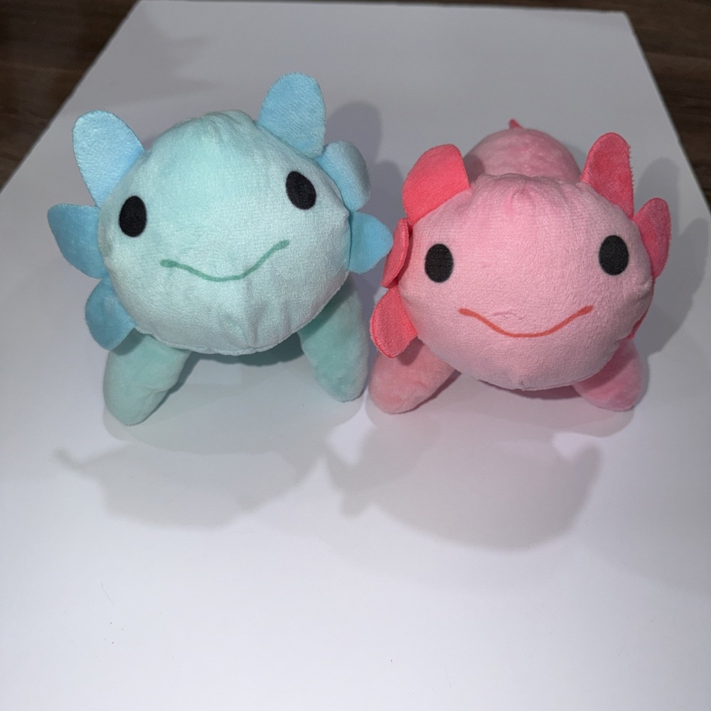 2 Goffa Axolotl Plush Stuffed Animals Blue & Pink Smiling Face Soft Kids Toys